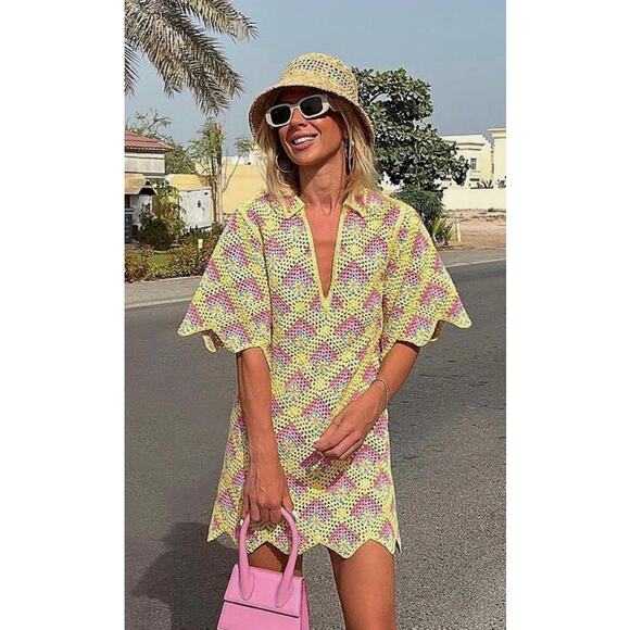 Zara Dresses & Skirts - Zara Crochet Knit Mini Dress Limited Edition Yellow Multi Women's S Blogger Fev
